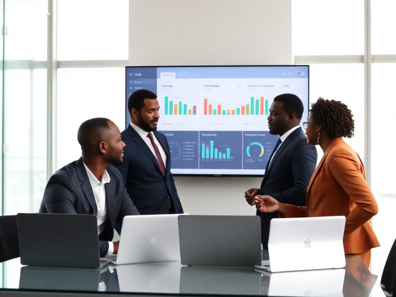 African business team reviewing an automated workflow dashboard