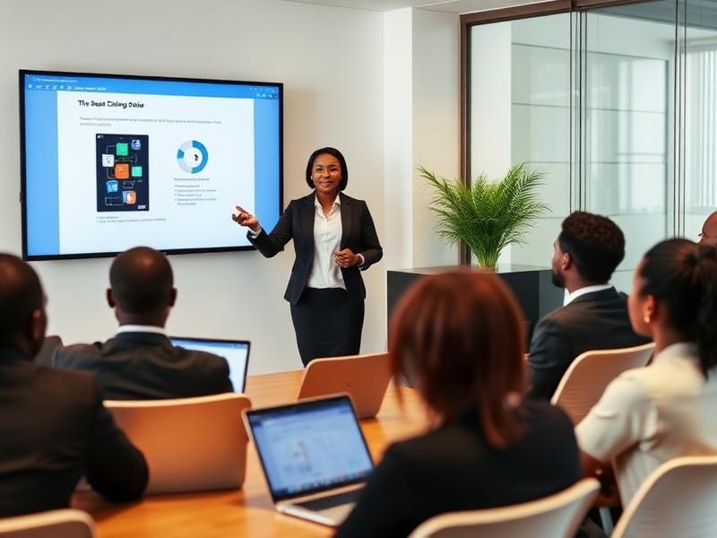 African corporate trainer presenting to a team in a conference room