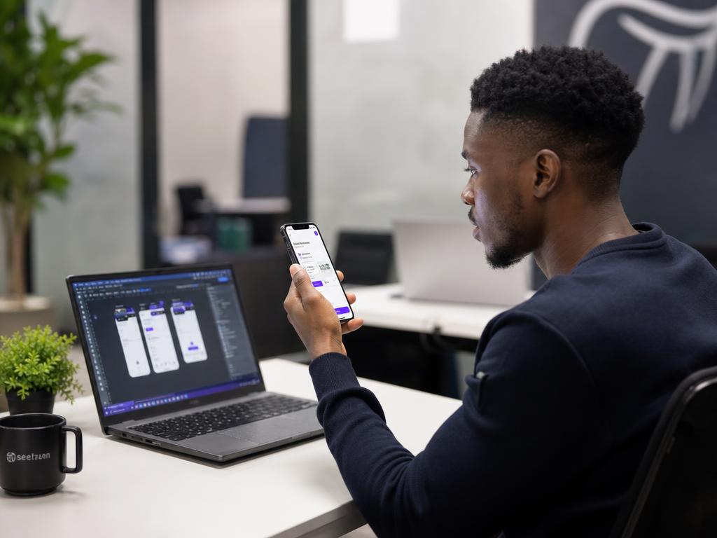 African developer testing a mobile app on a smartphone