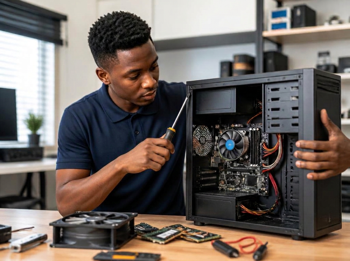 African technician repairing a laptop on a workbench