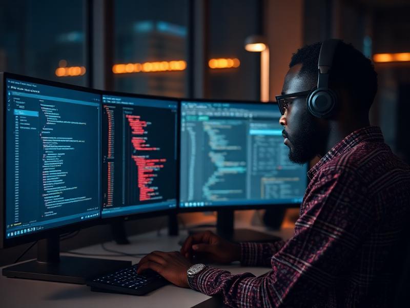 African software developer writing code on dual monitors